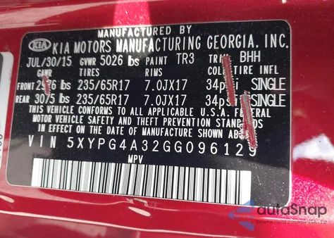 2016 Kia Sorento 2.4L Lx z USA, uszkodzony, nr VIN 5XYPG4A32GG096129